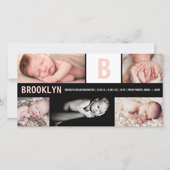 Faire-part Bébé Fille Gros Rose Initiale 5 Photo Collage Nais (Devant)