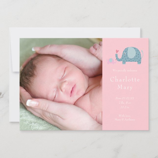 Faire-part Bébé Fille Photo Pink Polka Dot Elephants Naissanc (Devant)