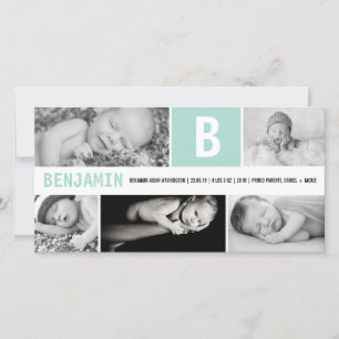 Faire-part Bébé Grand Initial 5 Multi Photo Vert Menthe Naiss