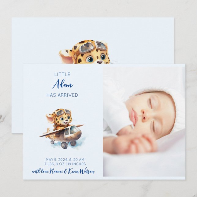 Faire-part Bébé mignon Cartoon bleu léopard | Naissance de ga (Devant / Derrière)