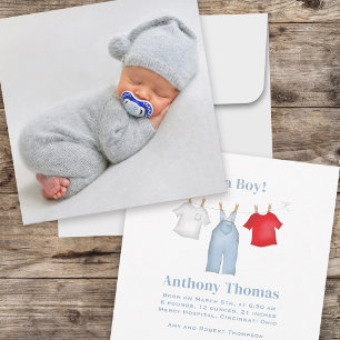 Faire-part Bébé mignon Garçon Whimsical Simple Denim Bleu Vêt