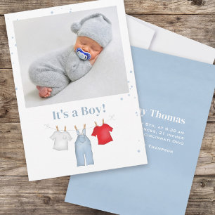 Faire-part Bébé mignon Garçon Whimsical Simple Denim Bleu Vêt