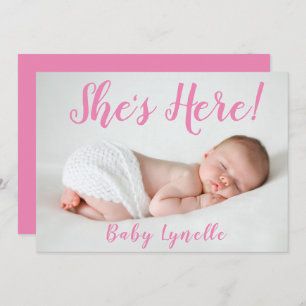 Faire-part Bébé mignon photo, Elle est ici, rose