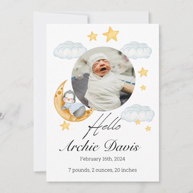 Faire-part bébé mignonne avec un pingouin bébé (Devant)