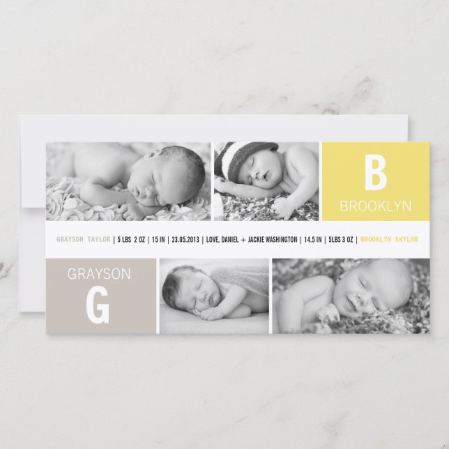Faire-part Bébé Monogramme Garçon Fille Jumeaux 4 Photo Naiss (Devant)