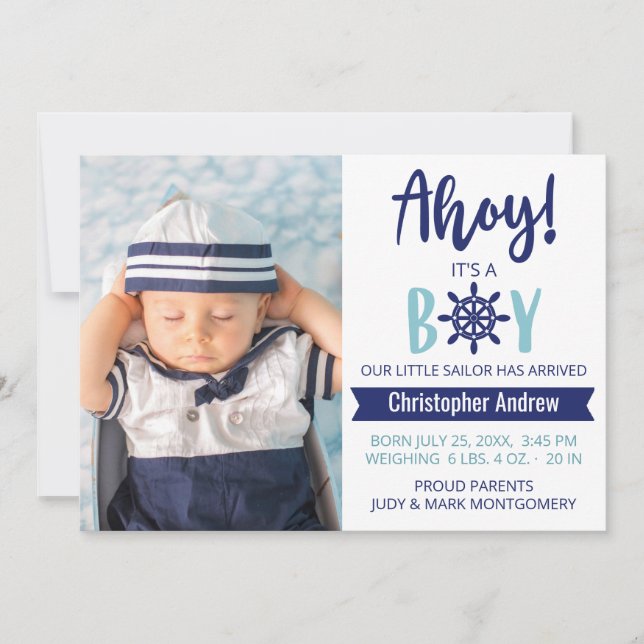 Faire-part Bébé Nautique Ahoy Striped it's A Boy Photo (Devant)