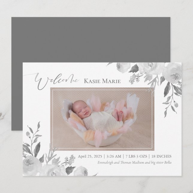 Faire-part Bébé Photo Printemps Élégant Floral Grey (Devant / Derrière)