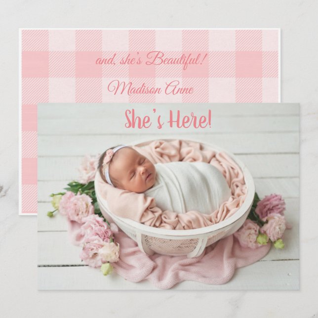 Faire-part Bébé rose fille En vichy Plaid mignonne naissance  (Devant / Derrière)