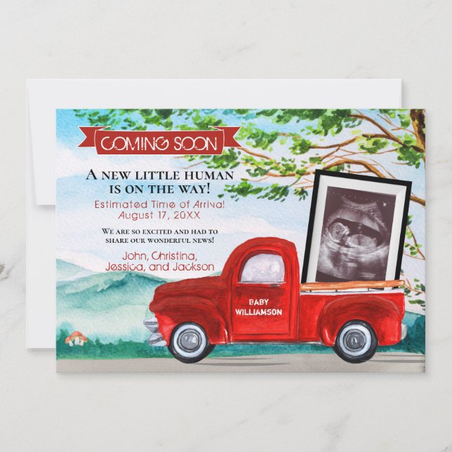 Faire-part Bébé Ultrasound Camion rouge Grossesse d'été au pr (Devant)