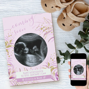 Faire-part Bientôt Ultrasound Photo Pink Gold Foliage