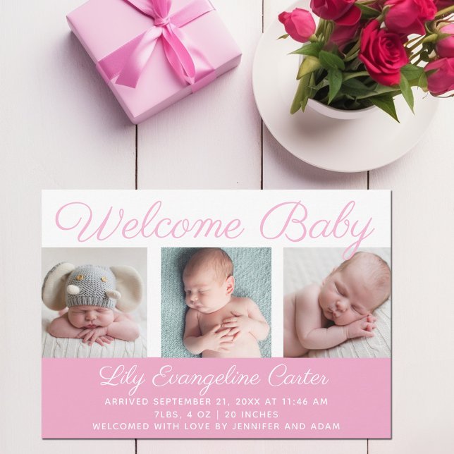 Faire-part Bienvenue Baby Girl Photo Joli Script rose Naissan (Créateur téléchargé)