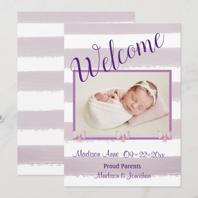 Faire-part Bienvenue Purple Photo Script Personnaliser la nai (Devant / Derrière)