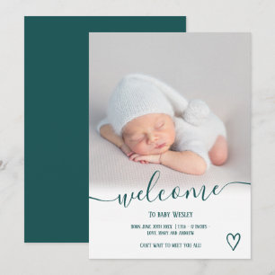 Faire-part Bienvenue turquoise script coeur photo garçon bébé