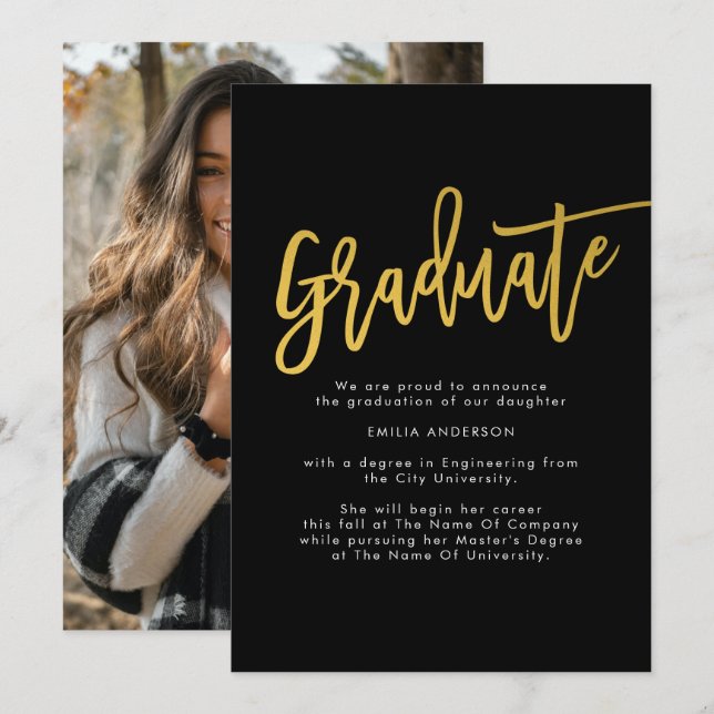 Faire-part Black Gold Modern Graduate Photo (Devant / Derrière)