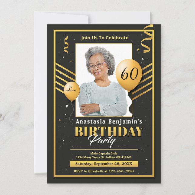 Faire-part Black Gold Photo 60th Birthday Party Personnaliser (Devant)