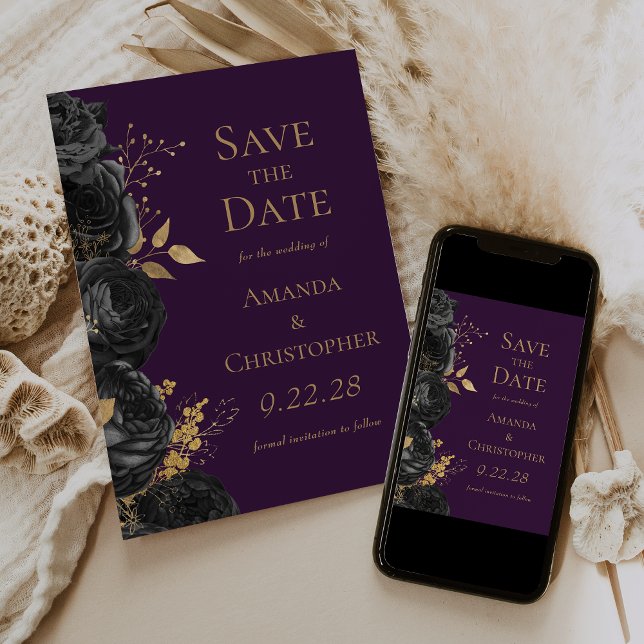 Faire-part Black Gold Purple Floral Enregistrer la date (Créateur téléchargé)