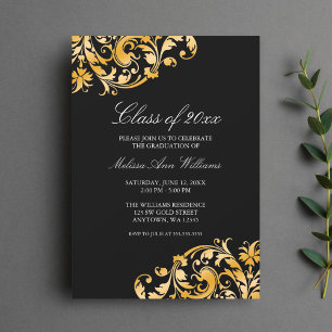 Faire-part Black Gold Swirl Graduation Party