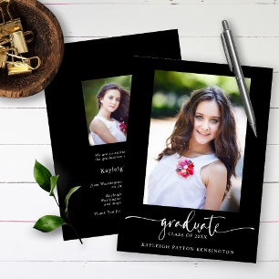 Faire-part Black Modern Elegant Script Graduation Photo