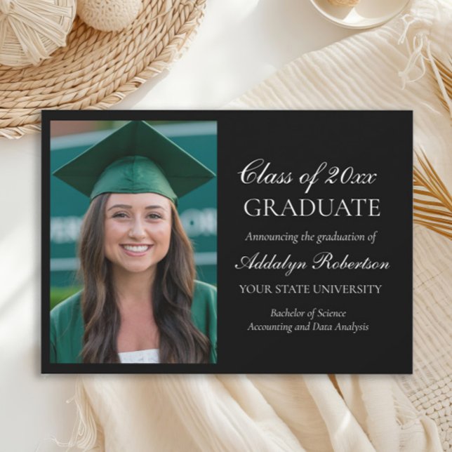 Faire-part Black White College University Photo Graduation (Elegant script black graduation photo announcement)