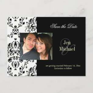 Faire-part Black + white Damask Save Date Carte postale photo