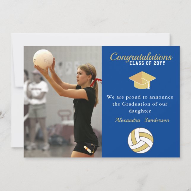 Faire-part Bleu blanc et Golden Volleyball graduation (Devant)