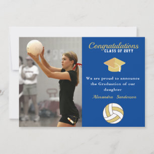 Faire-part Bleu blanc et Golden Volleyball graduation