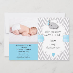 Faire-part Bleu, Blanc, Gris Elephant 🐘 Photo bébé