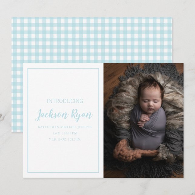 Faire-part Bleu clair En vichy Vérifier Motif Photo Naissance (Devant / Derrière)