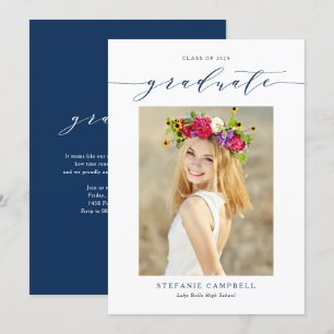 Faire-part Bleu de la marine Script photo graduation