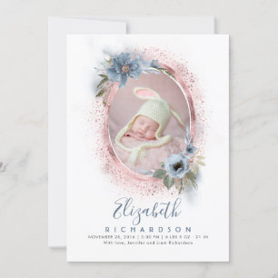 Faire-part Bleu Dusty et Rose Gold Photo Bébé naissance