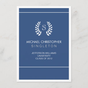 Faire-part bleu et blanc d'université d'obtention
