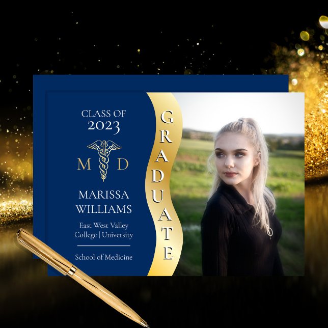Faire-part Bleu Gold Wave Caduceus MD Médicale Grad (Créateur téléchargé)