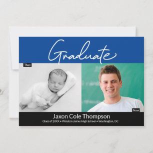 Faire-part Bleu Graduate puis et maintenant lycée photo de fi