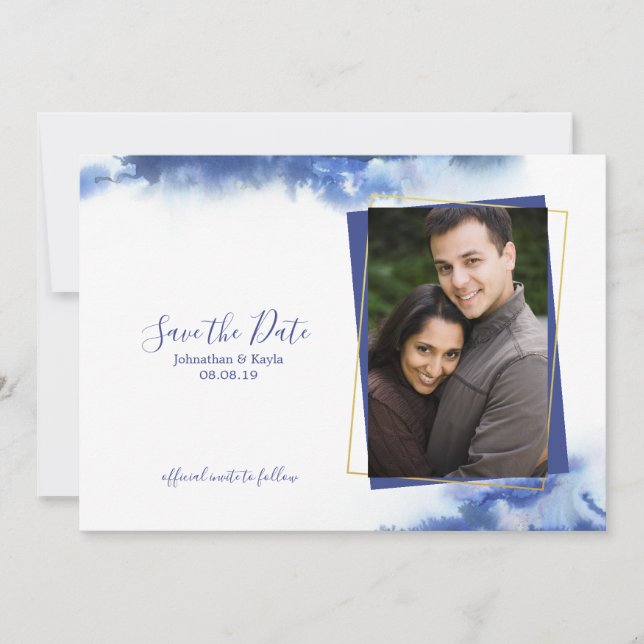 Faire-part Bleu Marbre Ombre Gold Frame Enregistrer la date (Devant)