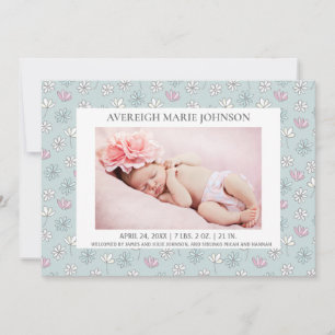 Faire-part Bleu rose Blanc Floral Fille Photo Naissance