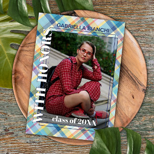 Faire-part Bleu rose orange jaune Tartan Plaid Graduation