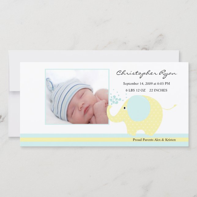 Faire-part Blue Elephant Baby Boy Annouement de naissance (Devant)