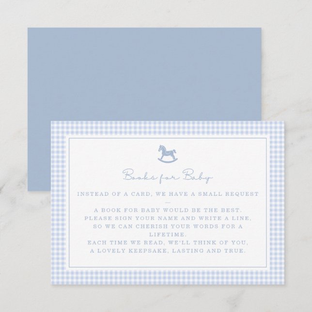 Faire-part Blue En vichy Rocking Horse Livres pour Baby Card (Devant / Derrière)