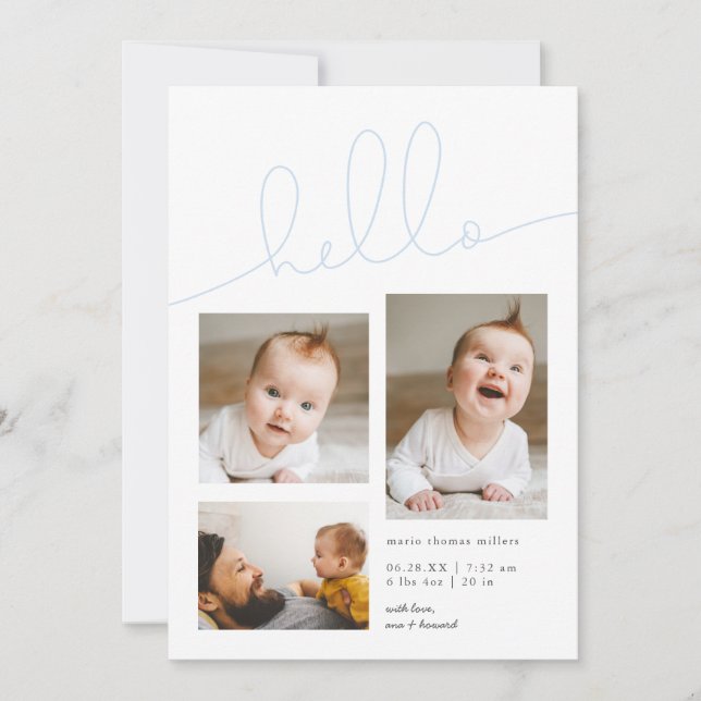 Faire-part Blue Hello Script Multi Photo Boy Birth (Devant)