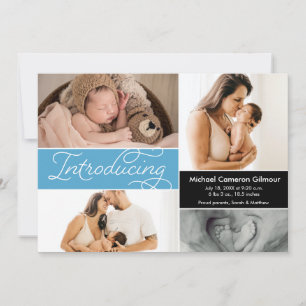 Faire-part Blue Modern Photo Collage Présentation Baby Boy