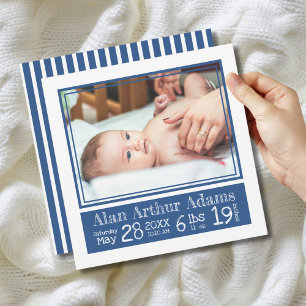 Faire-part Blue Stripes Bébé Photo Birth Stats