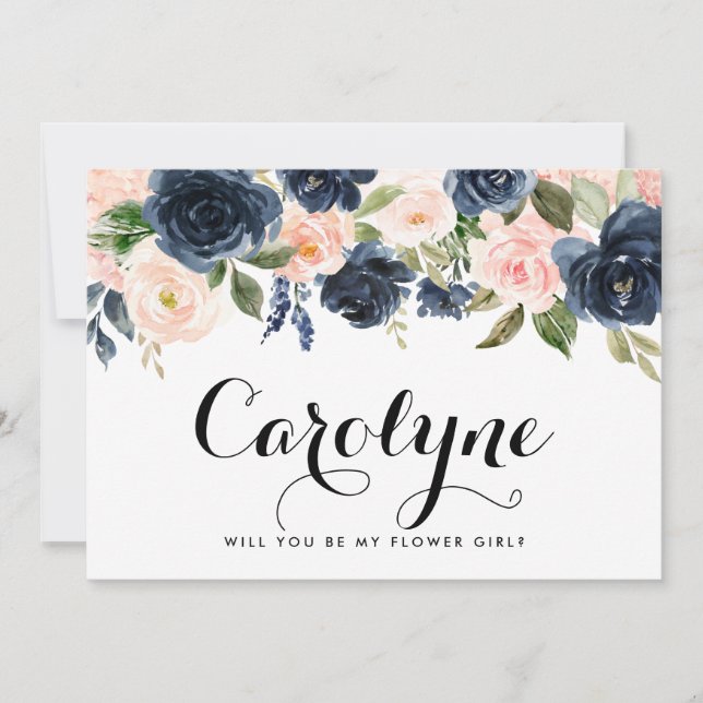 Faire-part Blush and Navy Flowers will you be My Flower Girl (Devant)