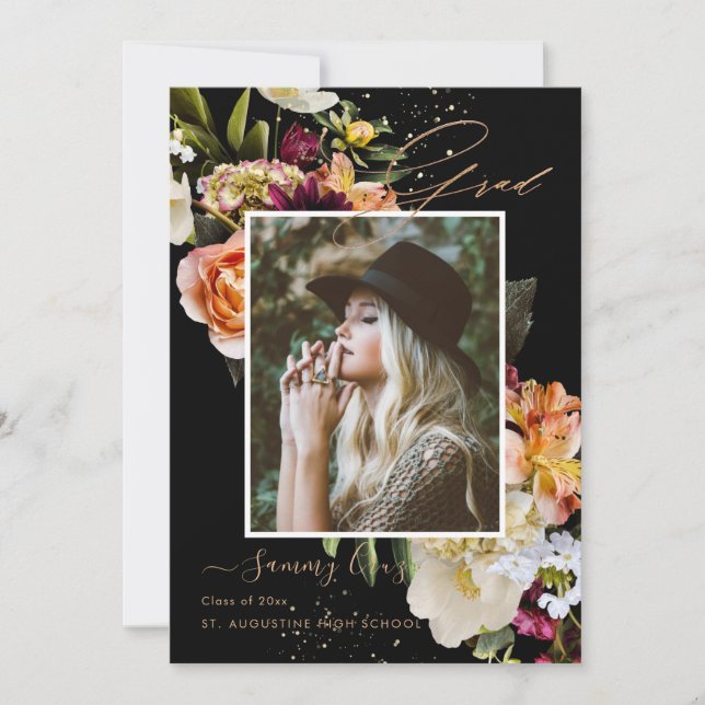 Faire-part Blush Bourgogne Dark Moody Flowers Graduation (Devant)