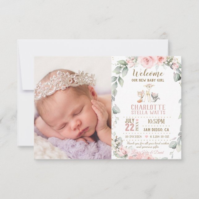 Faire-part Blush Floral Woodland Nouveau bébé fille photo nai (Devant)