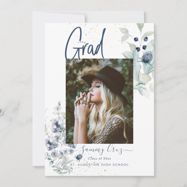 Faire-part Boho Aquarelle Fleurs de coton Graduation (Devant)