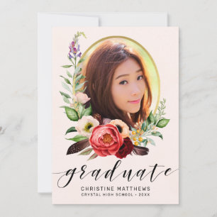 Faire-part Boho Blush Floral Photo Black Script Graduation