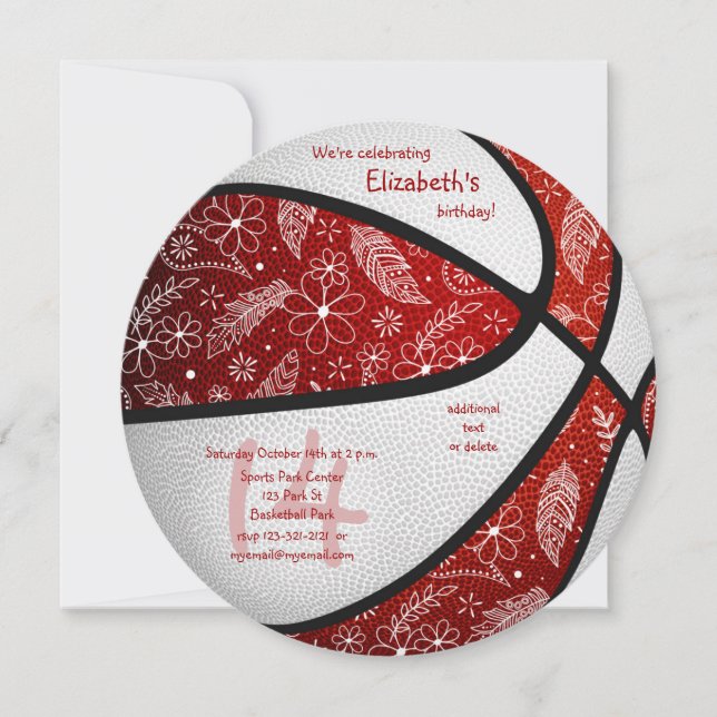 Faire-part boho doodles filles rouge blanc basket anniversair (Devant)