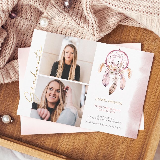 Faire-part Boho Dream Catcher Gold Script Photo Graduation (Créateur téléchargé)