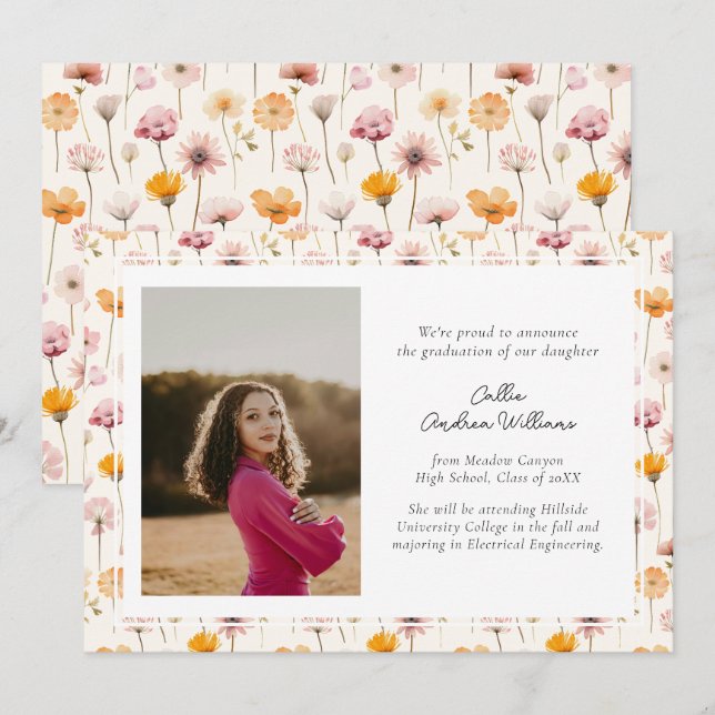 Faire-part Boho Floral Aquarelle Fleur sauvage Graduation (Devant / Derrière)