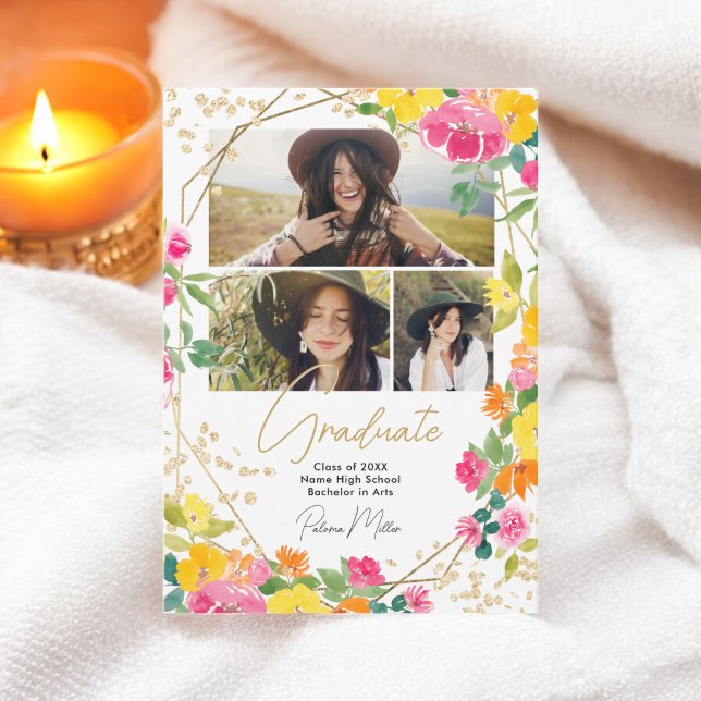 Faire-part Boho Floral Aquarelle Or 3-Photo Graduation (Boho Floral Watercolor Gold 3-Photo Graduation Announcement)